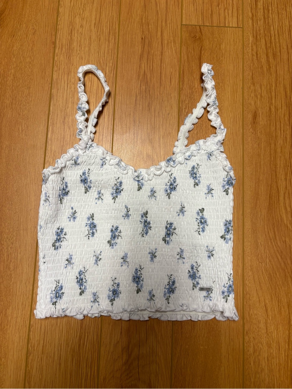 Hollister White Smocked Floral Crop Top with Blue Print